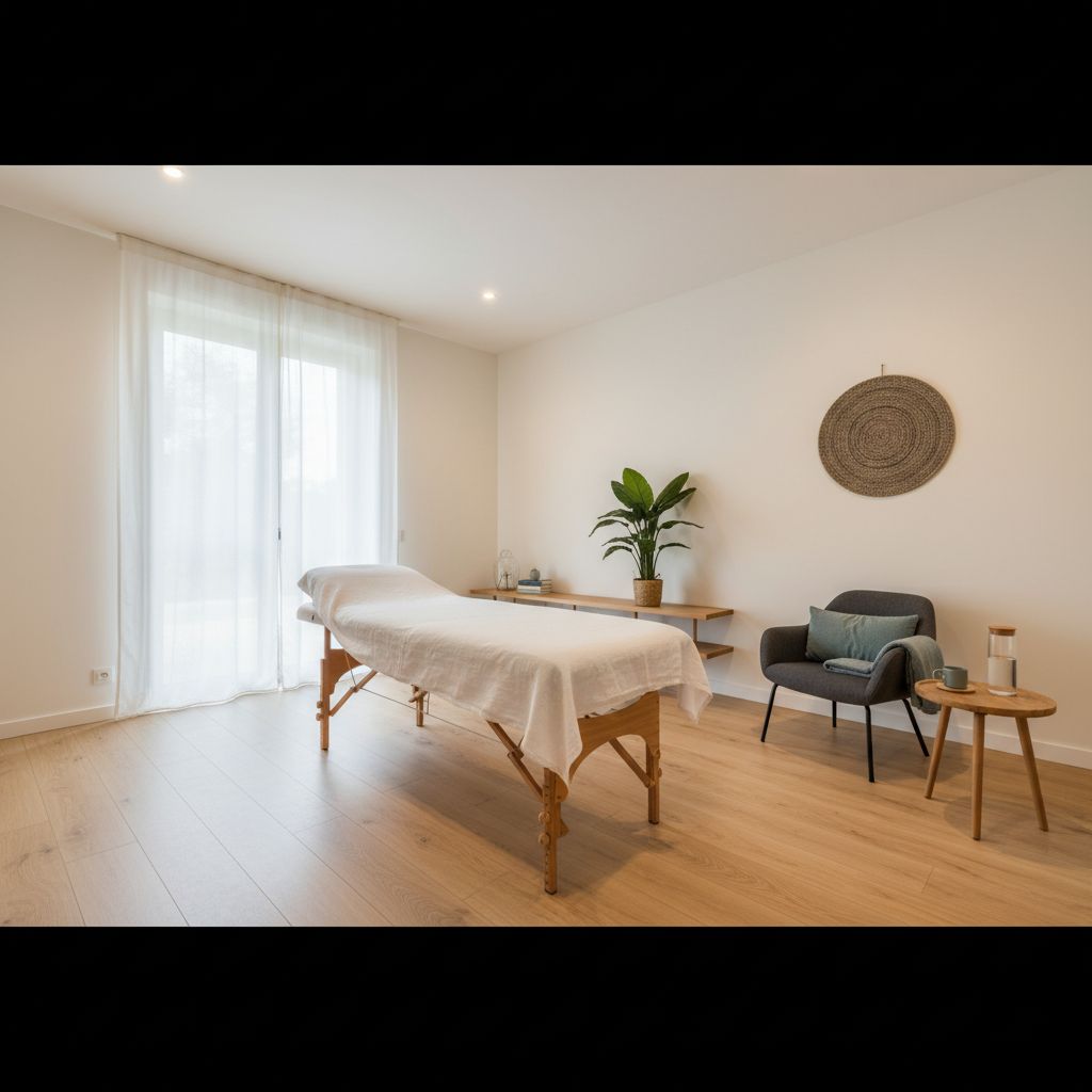 Un cabinet d'ostéopathie moderne, calme et professionnel à Vertou, avec une table de pratique et une ambiance sereine, symbolisant un espace de soin de qualité.