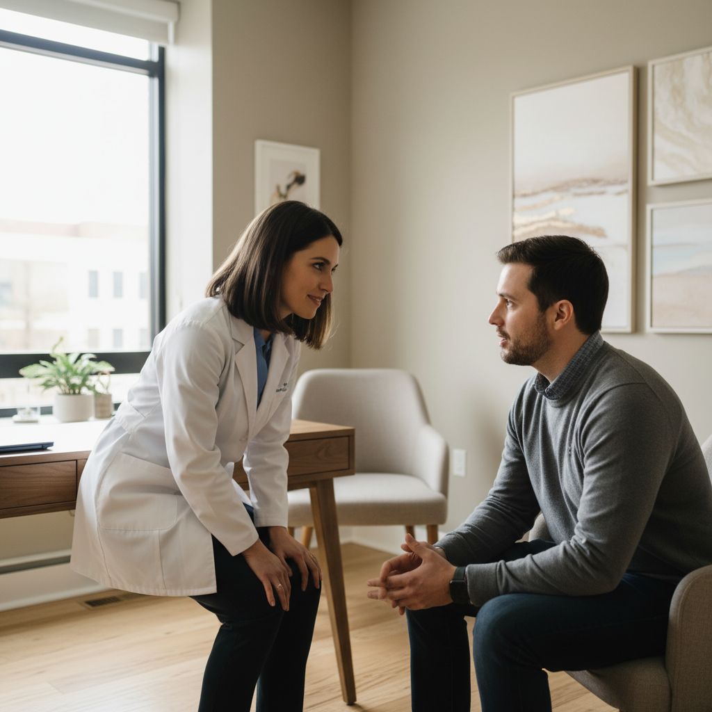 Un ostéopathe prend le temps d'écouter attentivement son patient dans un cabinet chaleureux, pour mieux comprendre son histoire et personnaliser le soin.