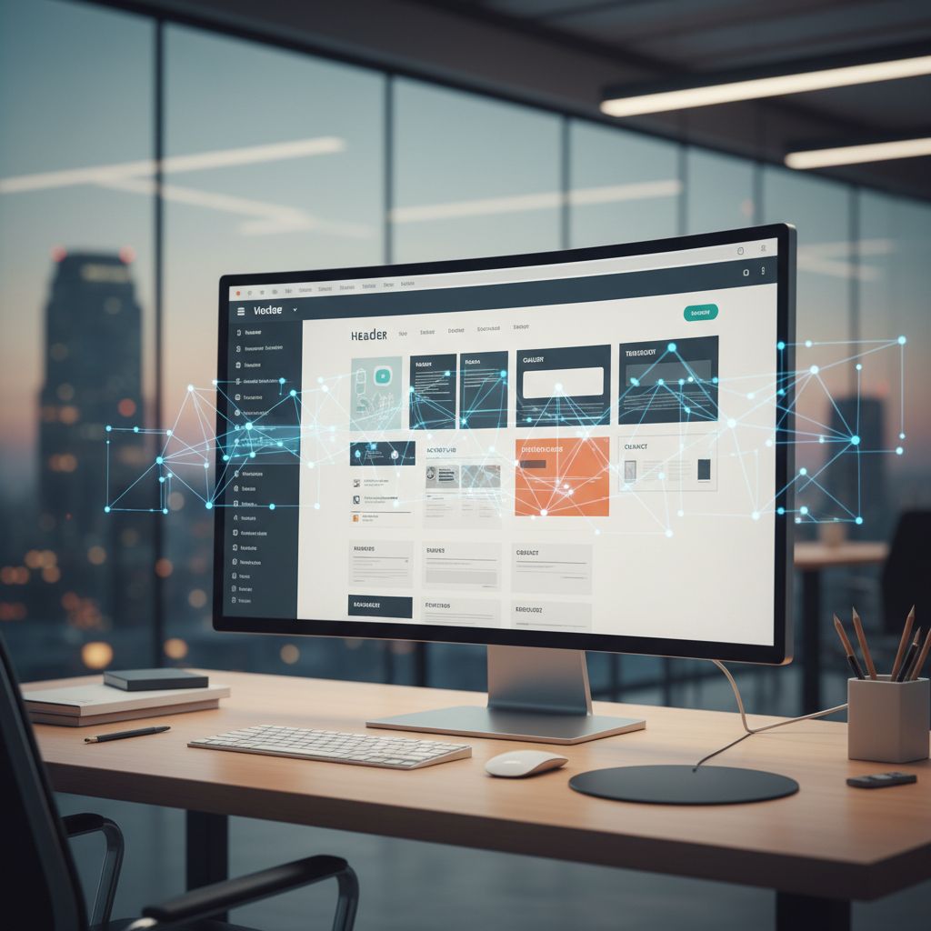Abstract digital art of neural networks and creative design elements blending together, representing the fusion of AI and website creation.