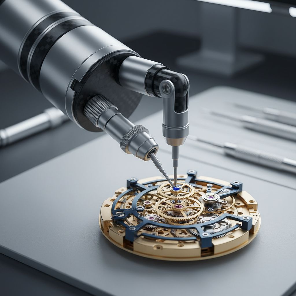 Un robot doté d'IA assemblant méticuleusement une montre de luxe suisse, symbole de la précision et de la technologie dans l'industrie helvétique.
