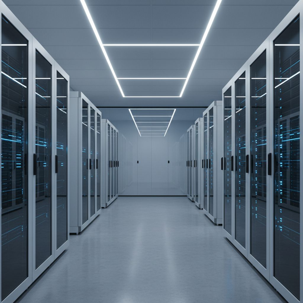 A secure, modern server room with glowing blue lights, representing data sovereignty and security in Switzerland.
