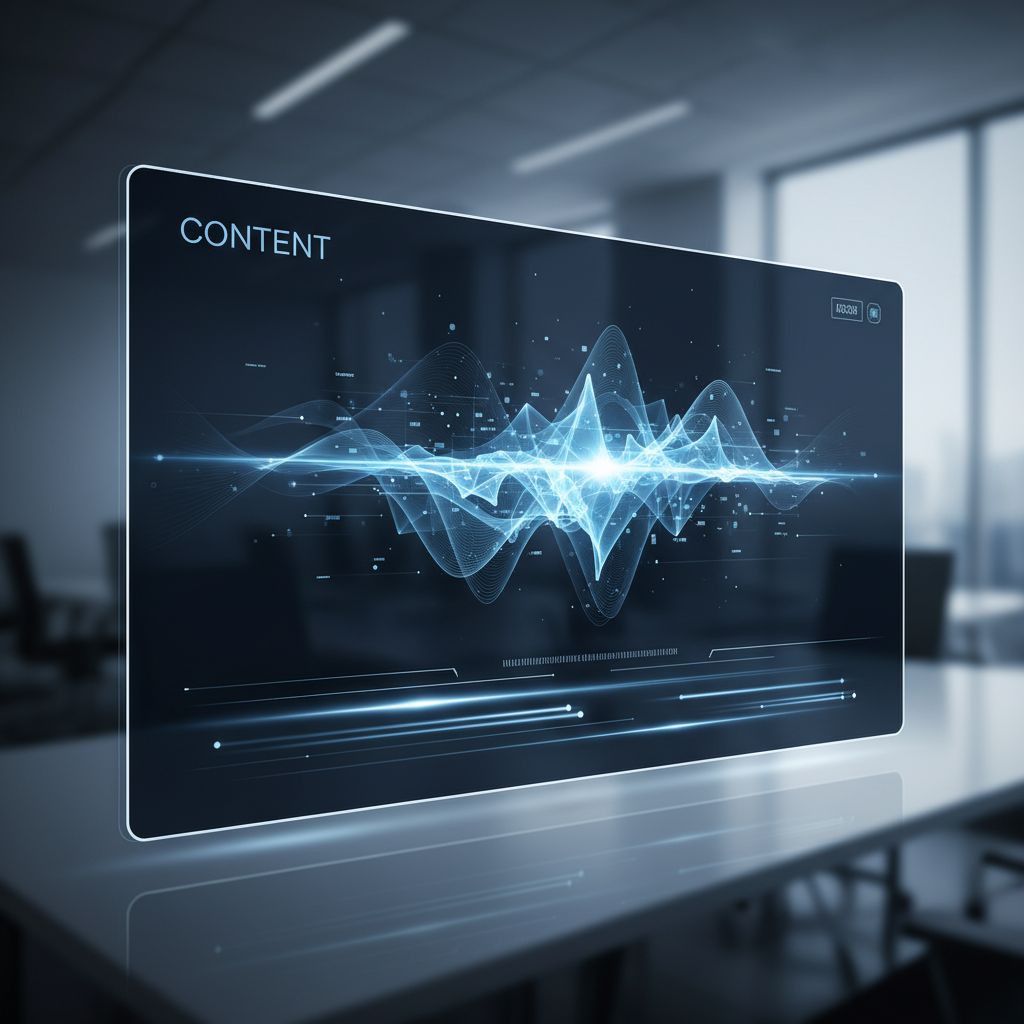 A futuristic digital interface showing content being generated at high speed, with glowing data streams moving across the screen.