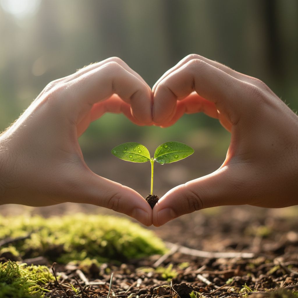 Une image symbolique et douce montrant deux mains formant un cœur autour d'une petite pousse verte, évoquant la vie, la croissance et l'espoir lié à la fertilité.
