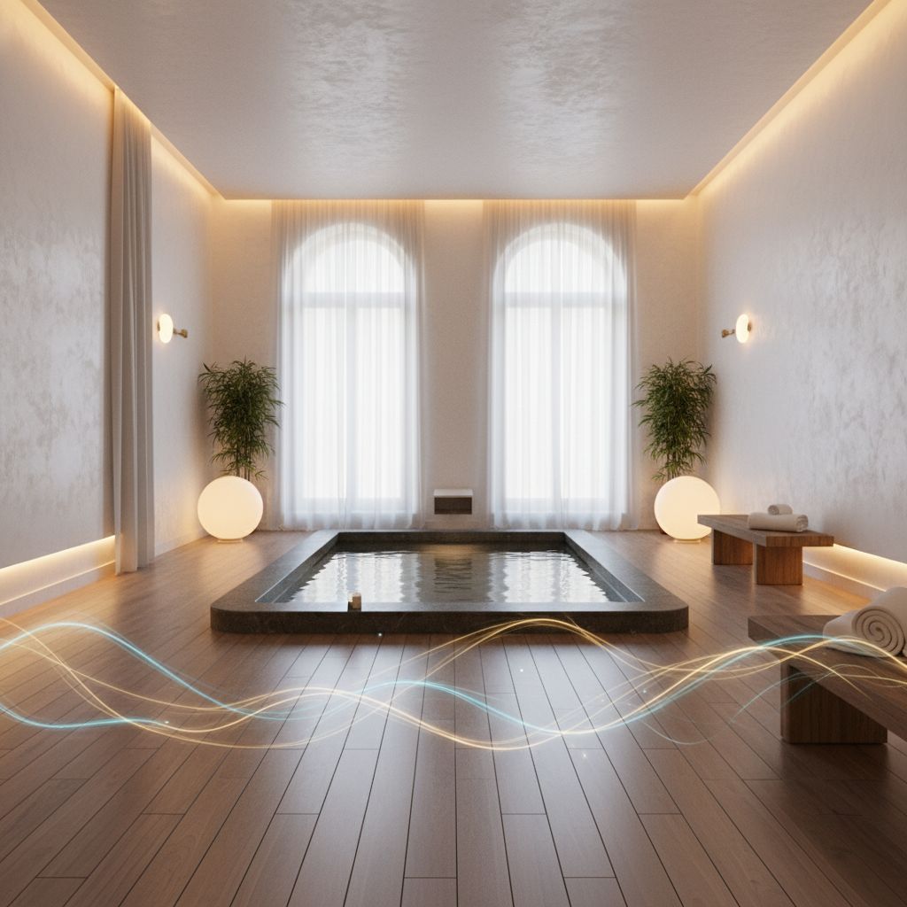 Une image abstraite et apaisante représentant des flux d'énergie colorés et lumineux qui s'entremêlent doucement, symbolisant l'équilibrage et l'harmonie énergétique.