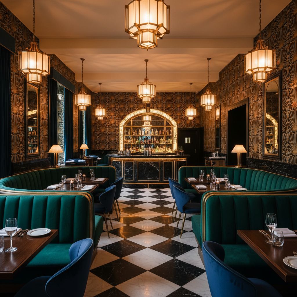 Un restaurant au style Art Déco luxueux avec des banquettes en velours, des luminaires en laiton géométriques et des motifs audacieux sur les murs, évoquant l'élégance des années 1920.