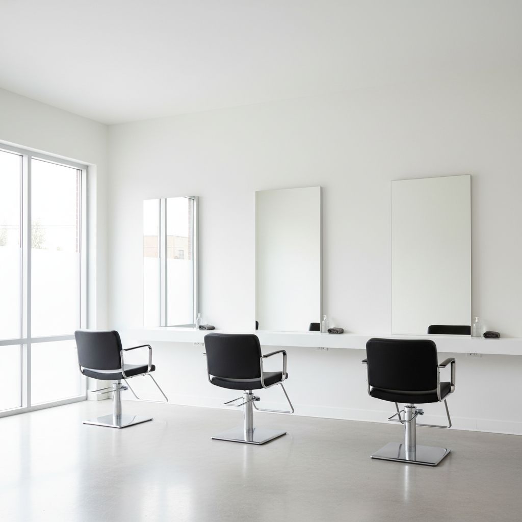 Un salon de coiffure spacieux et lumineux au design minimaliste, avec des chaises noires épurées, de grands miroirs et des murs blancs, créant une ambiance de propreté et de calme.