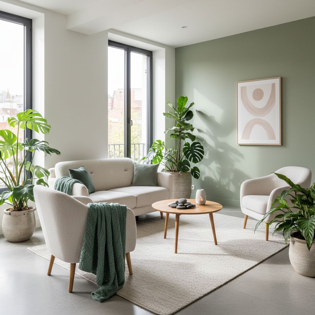 Intérieur d'un cabinet de thérapie moderne et chaleureux à Vertou, baigné de lumière naturelle, invitant au calme et à la confiance.