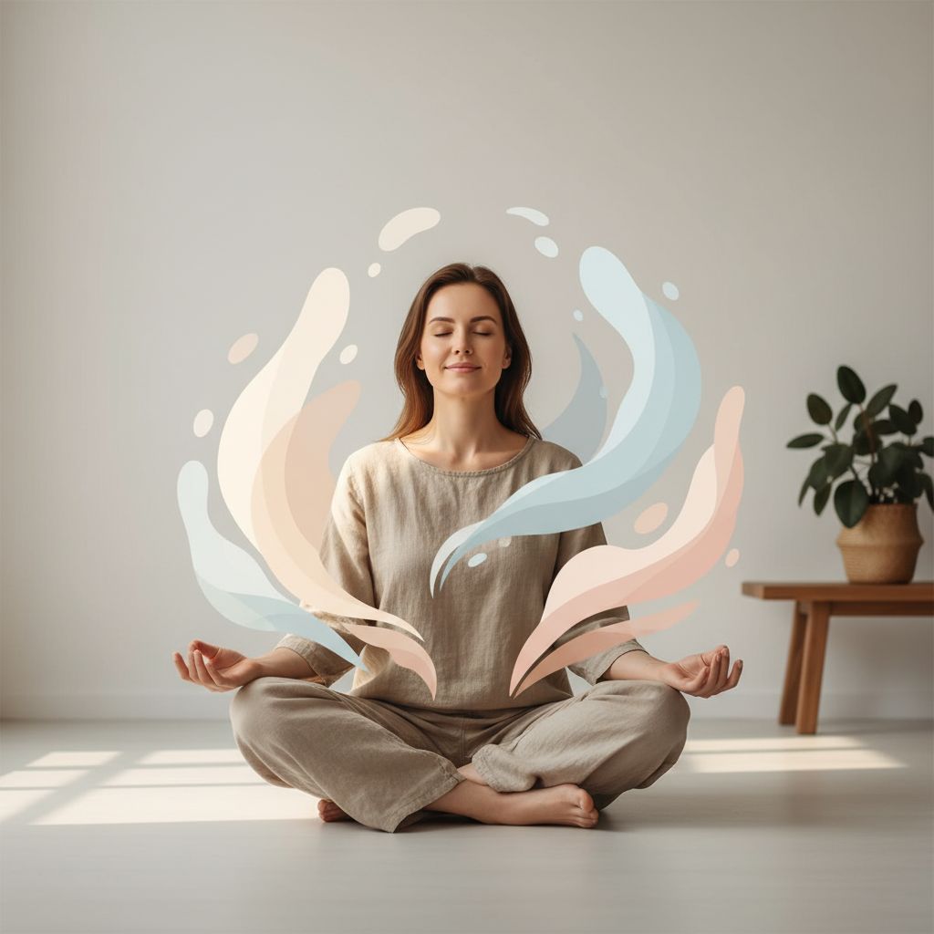 Image conceptuelle et apaisante illustrant la connexion corps-esprit, avec des formes organiques et une lumière douce.