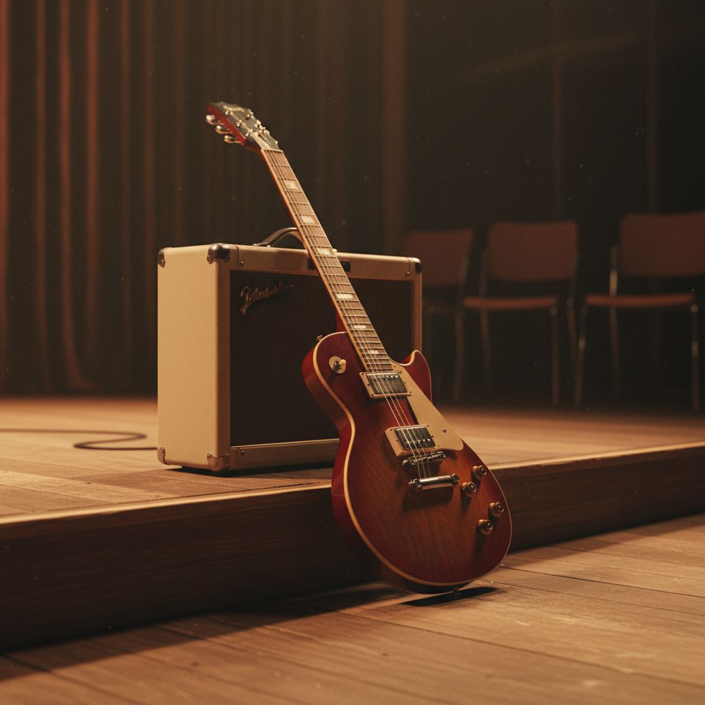 Une guitare électrique posée contre un amplificateur sur une petite scène en bois, éclairée par des lumières tamisées.