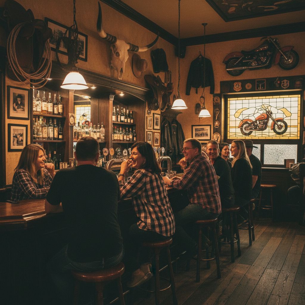 Intérieur chaleureux et animé du Bonanza Pub avec une décoration de style cowboy et motard, des clients discutant au bar en bois sombre.