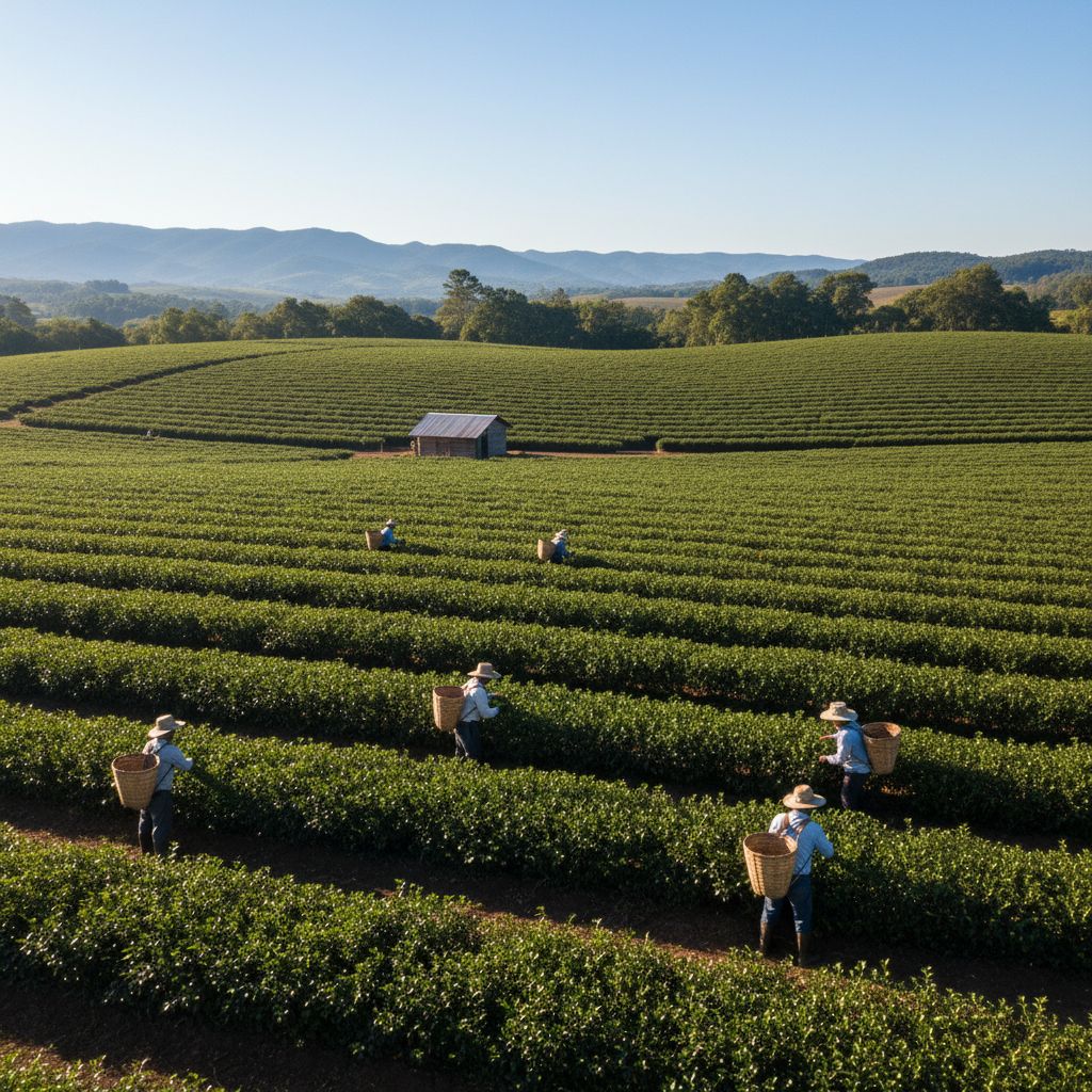 Une vue panoramique d'un champ de yerba maté en Argentine sous un ciel ensoleillé, avec des travailleurs récoltant les feuilles de manière durable. L'image évoque la naturalité et l'éthique du sourcing des ingrédients. Une vue panoramique d'un champ de yerba maté en Argentine sous un ciel ensoleillé, avec des travailleurs récoltant les feuilles de manière durable. L'image évoque la naturalité et l'éthique du sourcing des ingrédients.