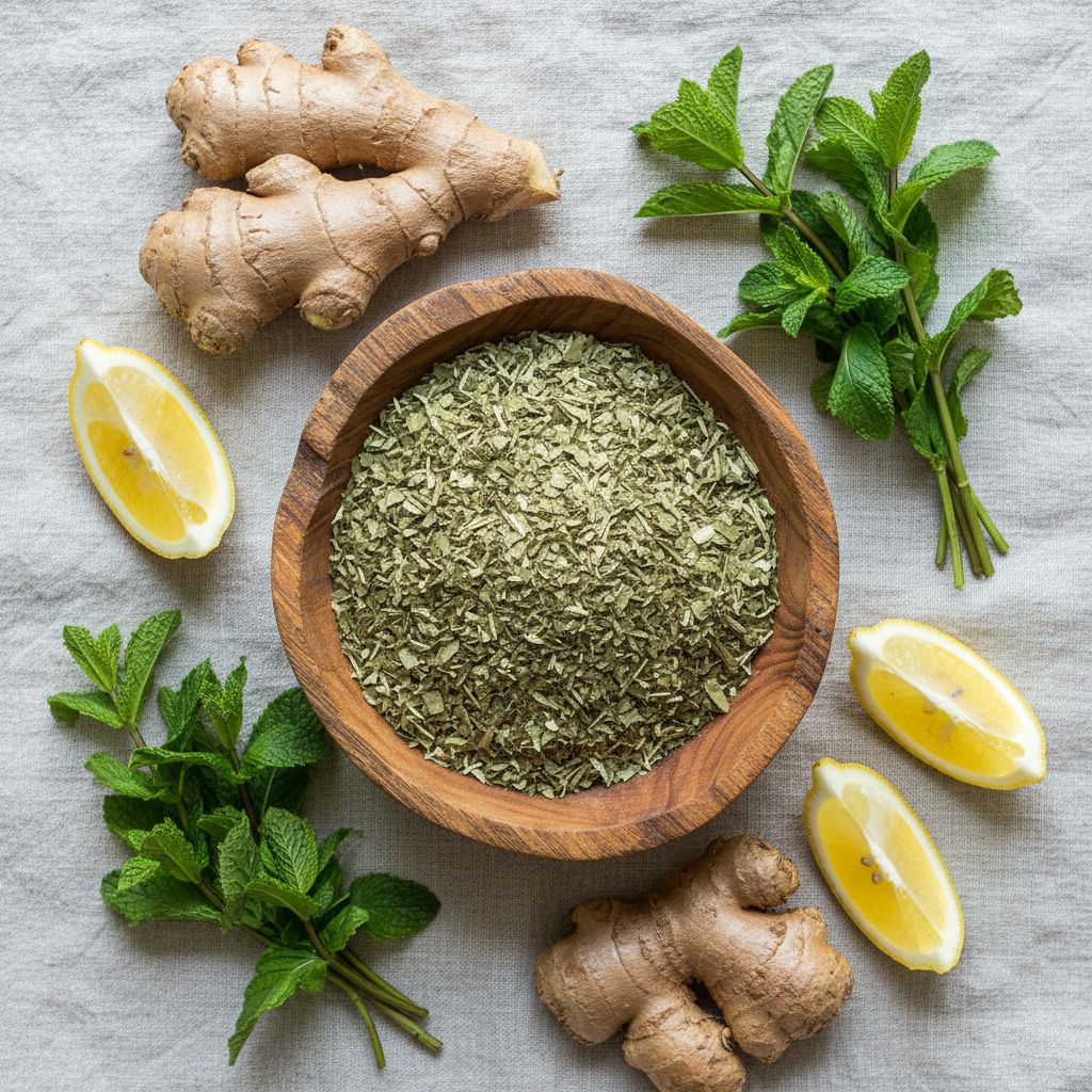 Une image de style flat lay montrant des feuilles de yerba maté séchées dans un bol en bois, entourées d'ingrédients frais comme des morceaux de gingembre, des feuilles de menthe et des tranches de citron. L'ambiance est naturelle et saine.