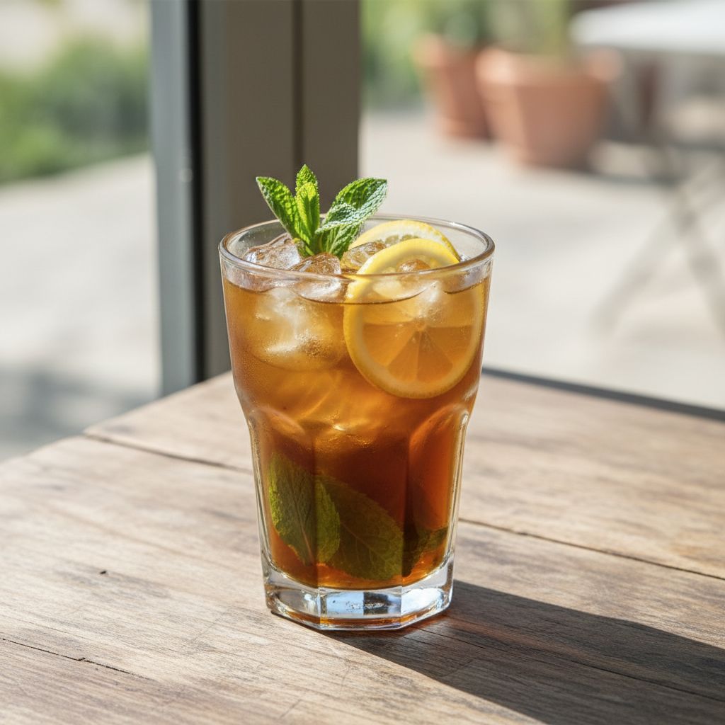 Un verre transparent rempli de maté glacé, décoré avec des tranches de citron et des feuilles de menthe fraîche, avec des glaçons. Le tout est posé sur une table en bois rustique.