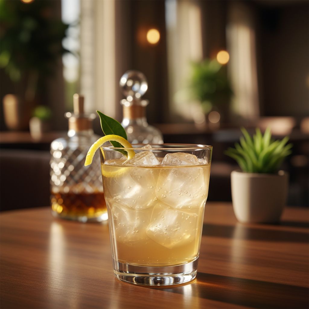 Un mocktail vibrant dans un verre à cocktail, contenant une infusion de maté et de gingembre avec des glaçons et une rondelle de citron en garniture. L'ambiance est festive.