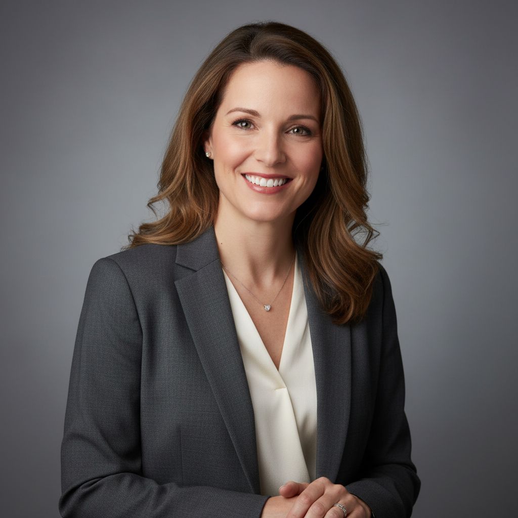 Une femme d'affaires souriante avec une photo de CV professionnelle, fond neutre et éclairage flatteur.