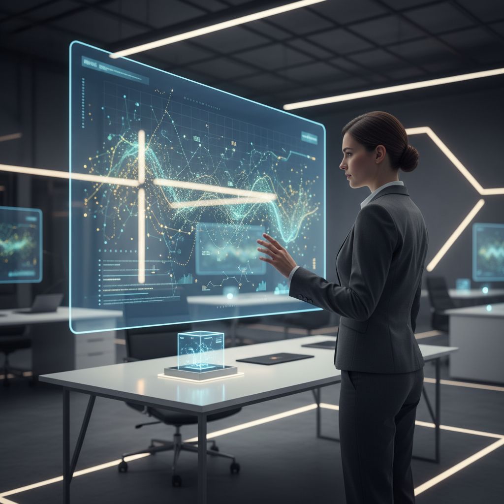 A person reviewing AI-generated text on a large, futuristic transparent screen, with glowing data points and graphs floating around the text, indicating refinement and optimization.