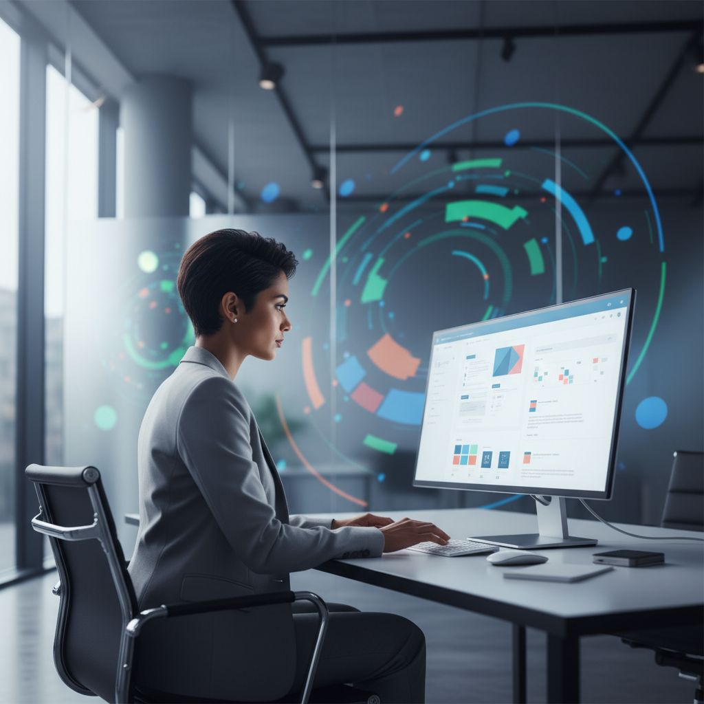 A digital marketer thoughtfully looking at a screen displaying an AI interface that is generating content, with data visualizations in the background.