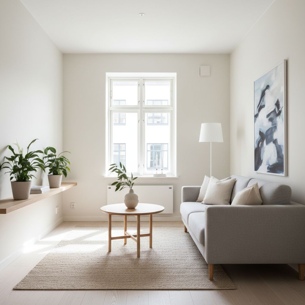 Un petit salon avec des murs peints en blanc cassé et un plafond blanc, créant une sensation d'espace et de luminosité.
