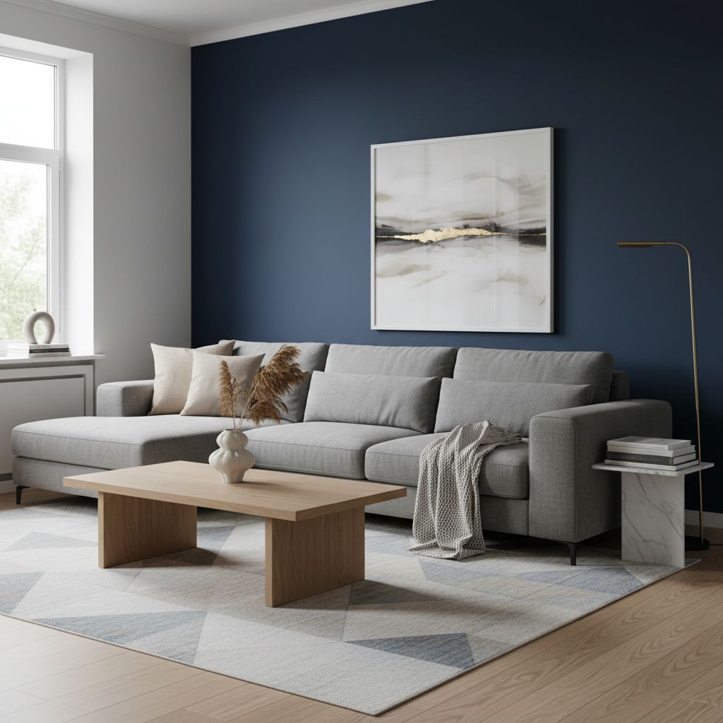 Un salon élégant et moderne avec un mur d'accent bleu marine derrière un canapé gris, illustrant un choix de couleur audacieux et harmonieux.