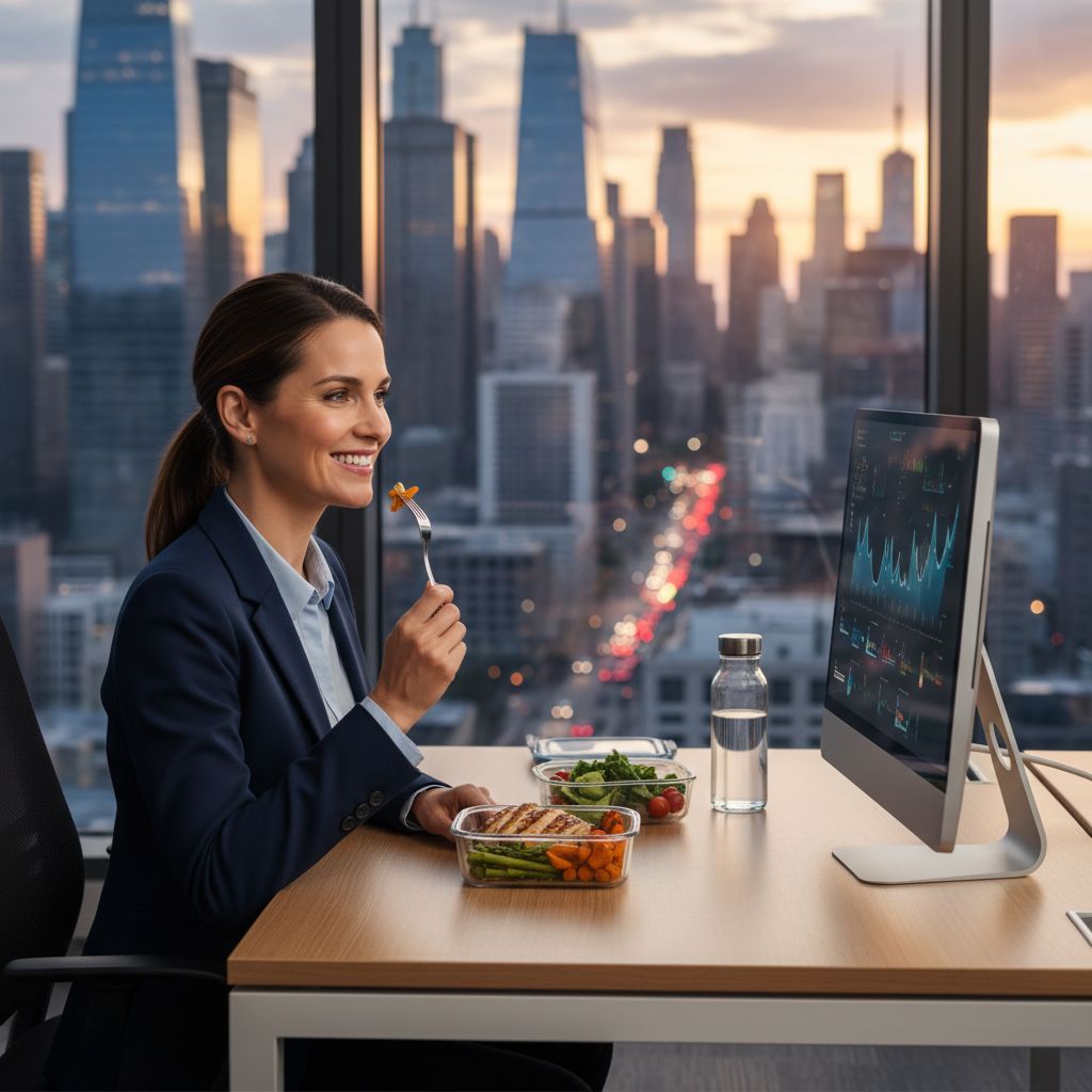 Un professionnel souriant mangeant un repas sain et préparé en avance à son bureau moderne, avec une vue urbaine en arrière-plan.