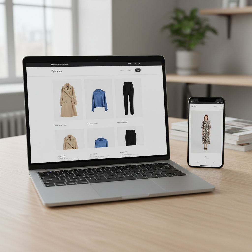 Un ordinateur portable et un smartphone qui montrent un site e-commerce à la fois chic et qui s'adapte à tous les écrans, la preuve qu'une présence en ligne pro, ça compte.