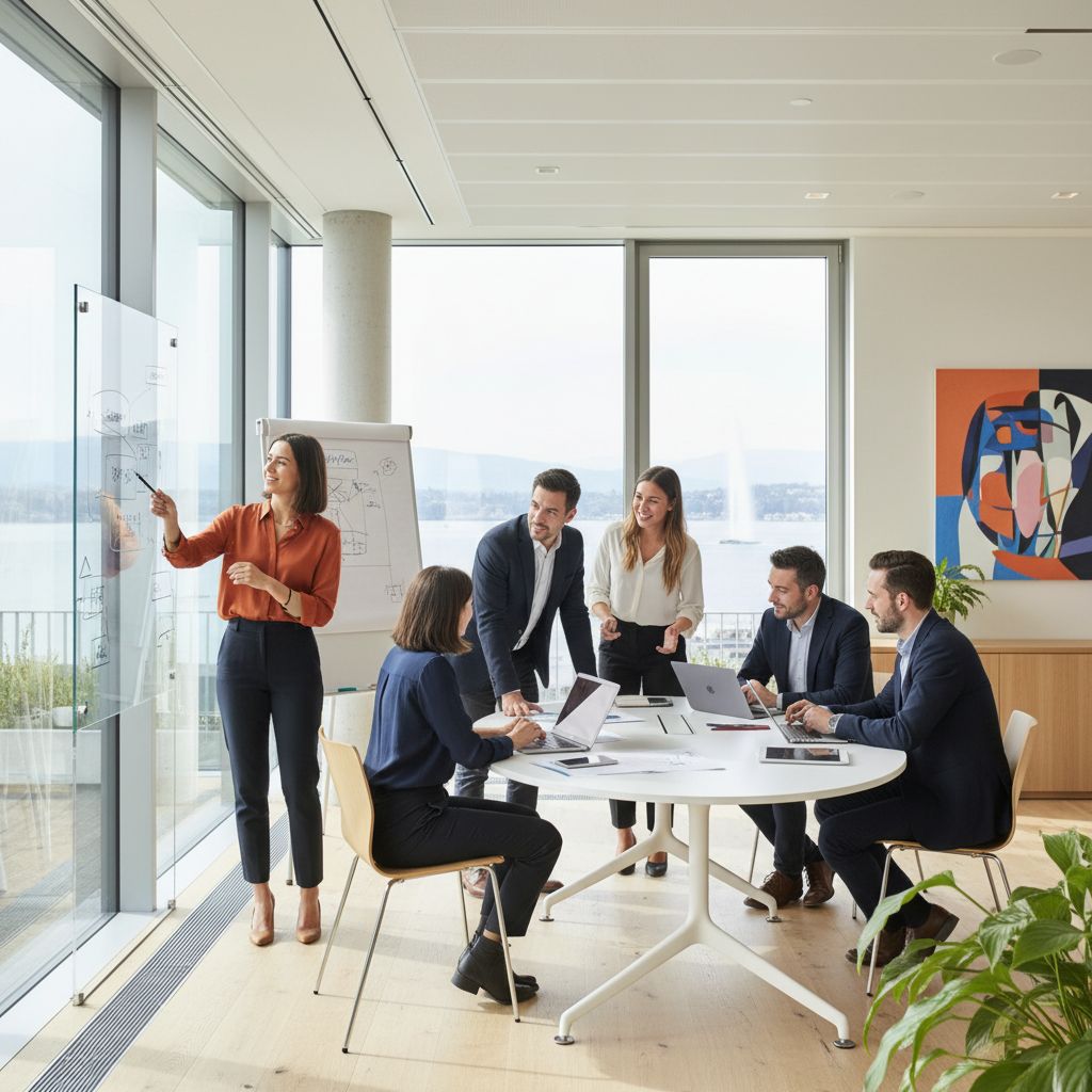 Une équipe créative qui collabore dans un bureau lumineux et moderne à Genève. L'image parfaite du partenariat entre une agence et une PME.
