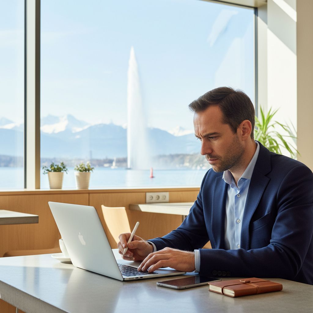 Entrepreneur suisse travaillant sur un ordinateur portable dans un café à Genève, avec en arrière-plan le jet d'eau, symbolisant la concentration sur une stratégie marketing SaaS.