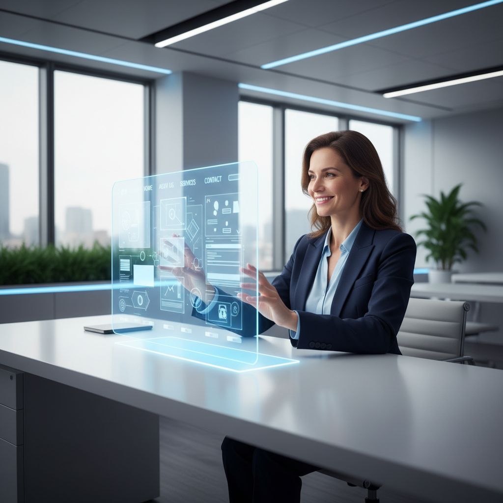 A confident female entrepreneur smiling as she uses a futuristic, holographic interface to design her small business website, with glowing digital elements floating around her.