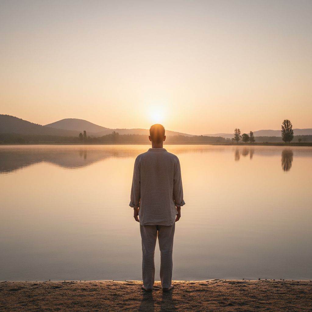 Une personne vue de dos, regardant un paysage naturel paisible au lever du soleil, symbolisant le renouveau et la paix intérieure.