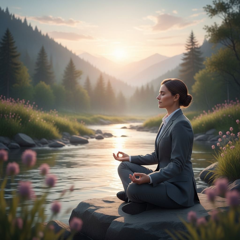 Une image sereine illustrant la connexion entre le corps et l'esprit, avec une personne dans un environnement naturel et apaisant, évoquant le bien-être et l'équilibre intérieur.