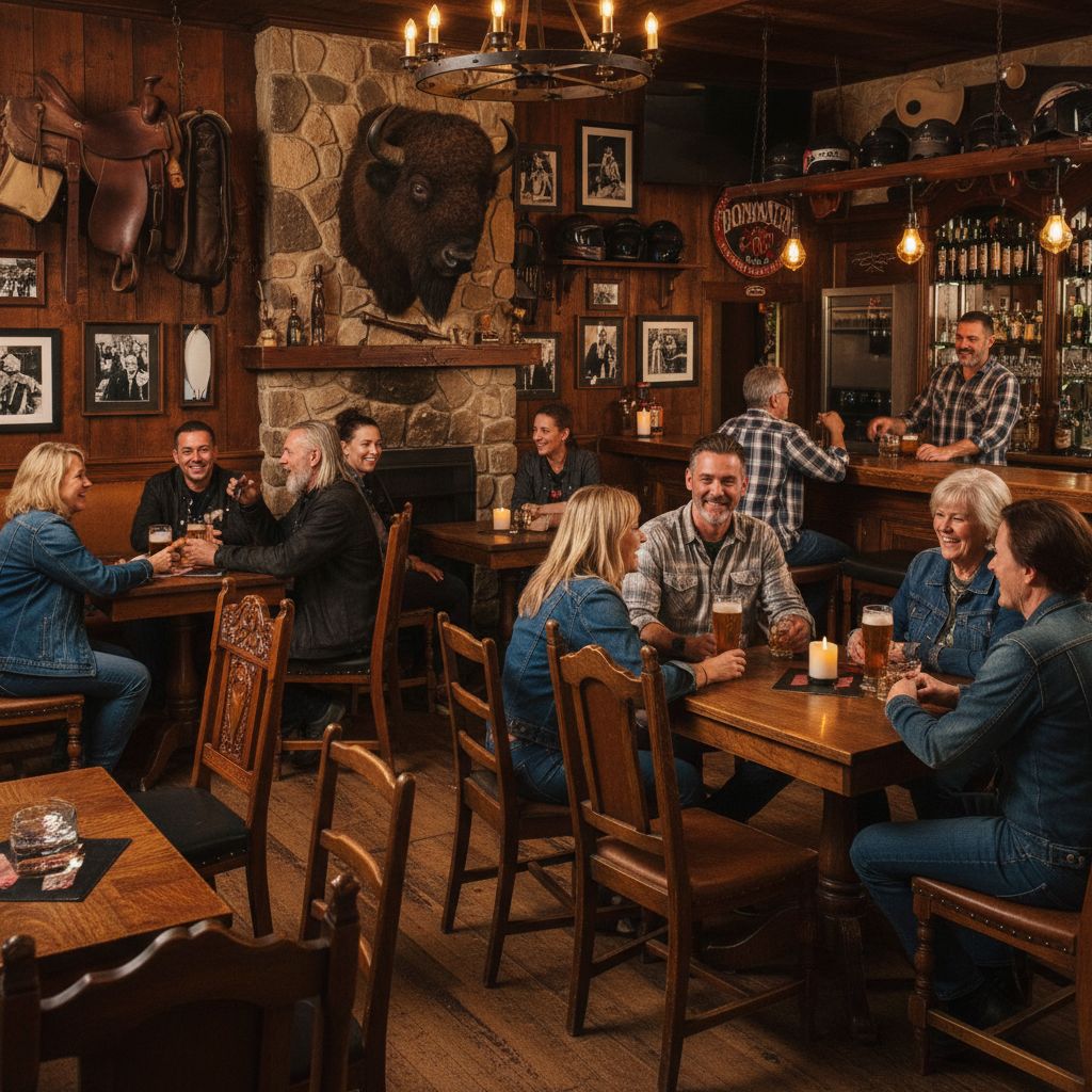 Intérieur du Bonanza Pub, avec des détails sur le décor de style cowboy et biker, les chaises en bois historiques, et des clients profitant de l'ambiance.