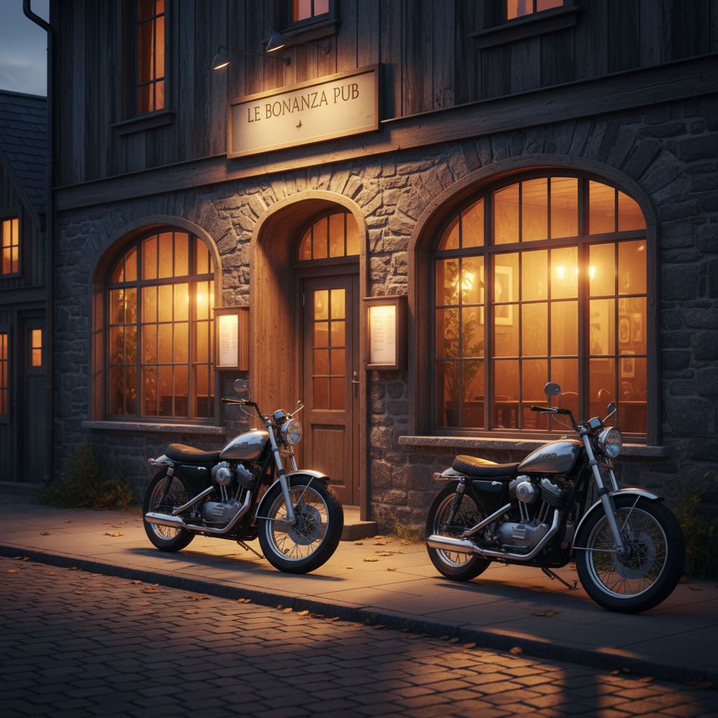 Le Bonanza Pub vu de dehors, à la tombée de la nuit. Quelques motos sont garées devant, et la lumière chaude qui s'échappe des fenêtres donne juste envie de pousser la porte.