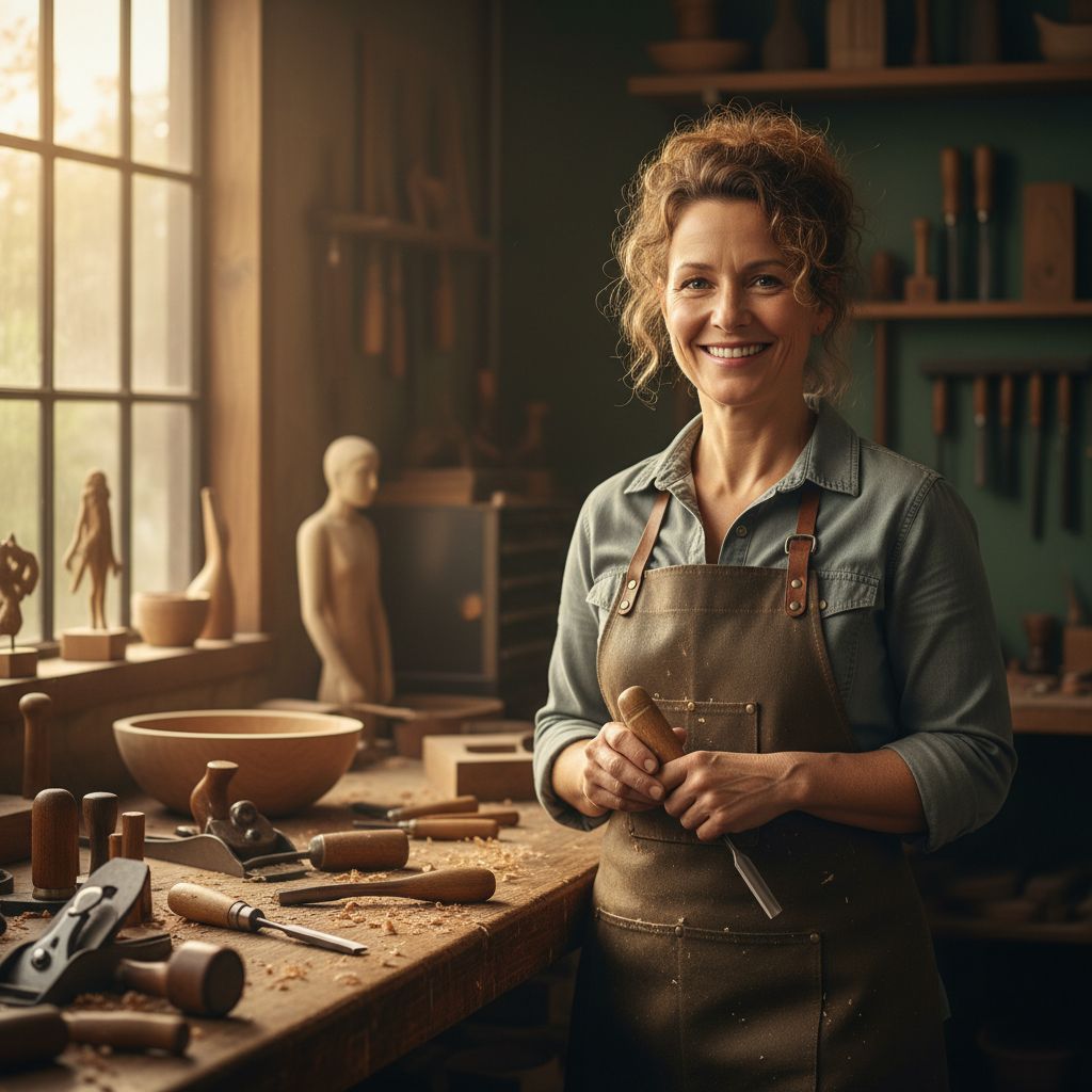 Portrait artistique et professionnel d'un artisan créatif dans son atelier, regardant la caméra avec confiance.