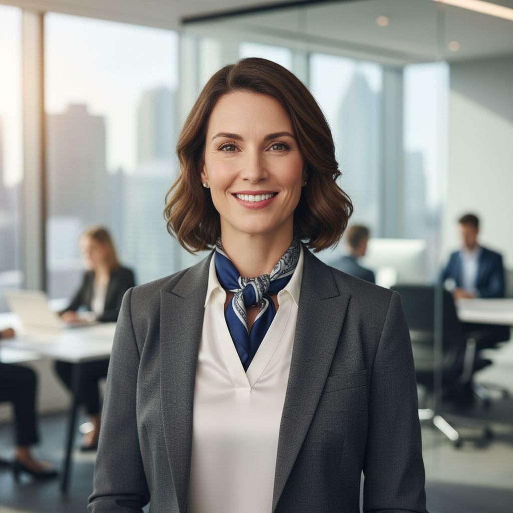 Portrait professionnel d'une femme d'affaires souriante avec un arrière-plan de bureau flou, optimisé pour un profil LinkedIn.