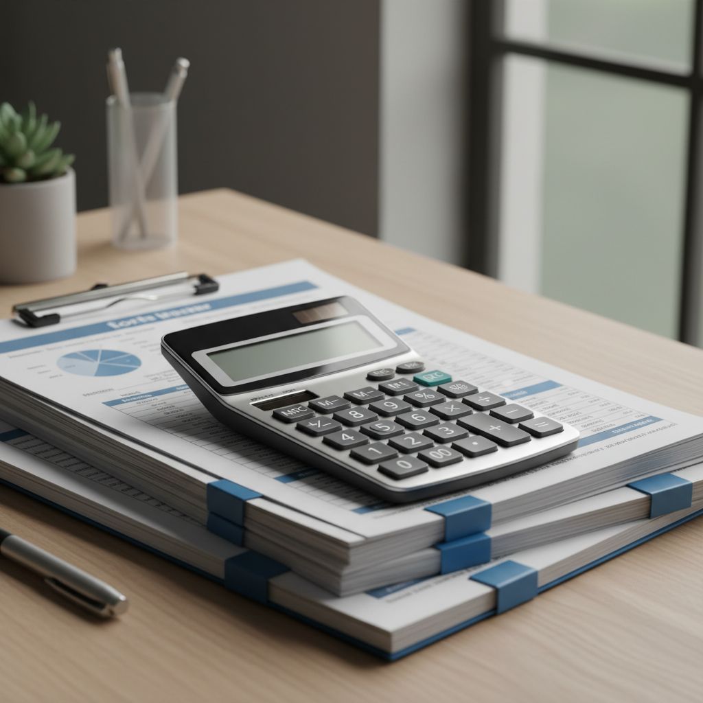 Une calculatrice posée sur des documents comptables, symbolisant le calcul des coûts et la budgétisation pour une fiduciaire.