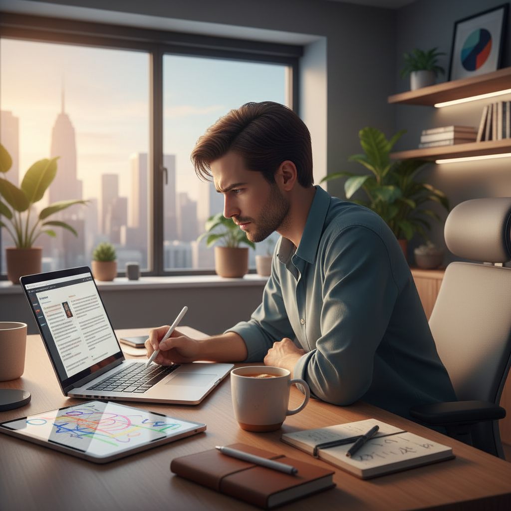 A freelance writer or editor looking over AI-generated content on a laptop, making notes and creative tweaks with a look of concentration.