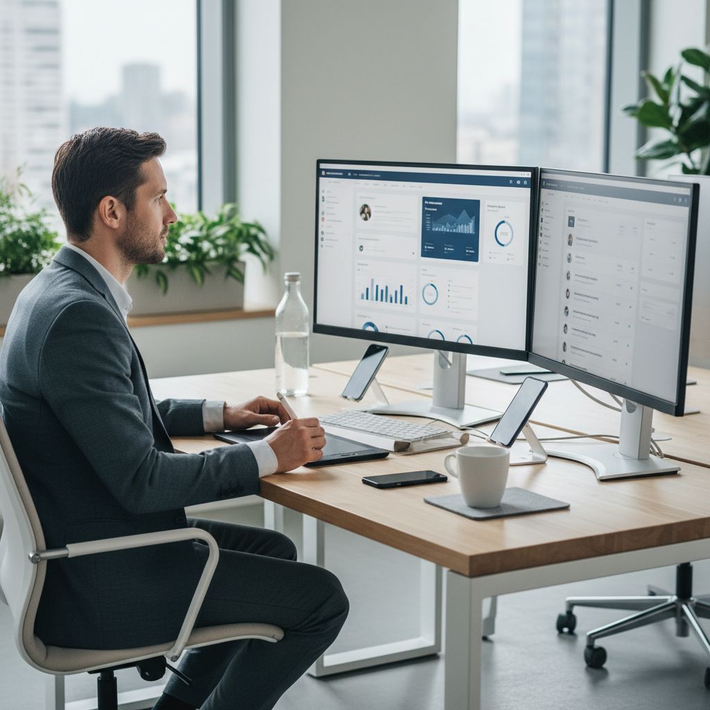 A digital marketing pro looking calm and in control at a clean, modern desk, easily juggling multiple projects on their computer.