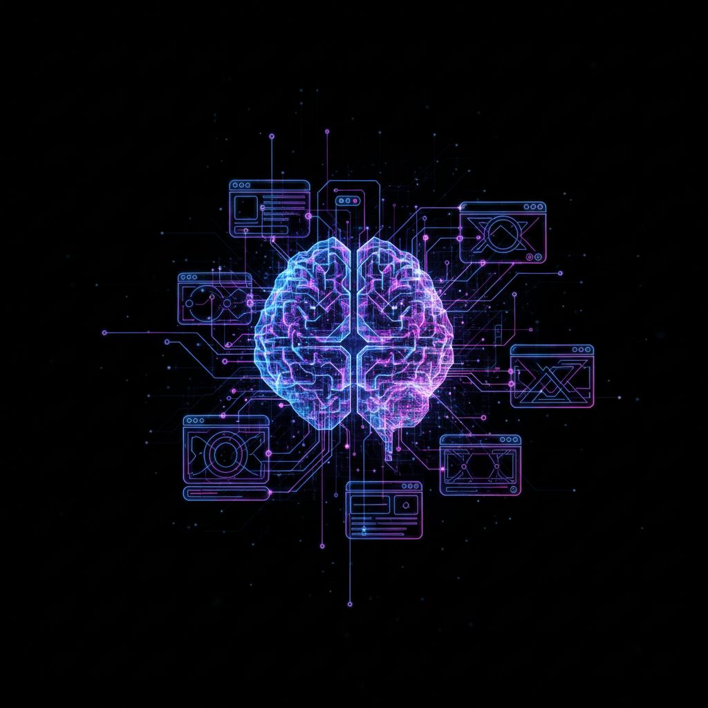 A cool abstract image showing how AI and creative web design come together, with glowing digital brain-like patterns.
