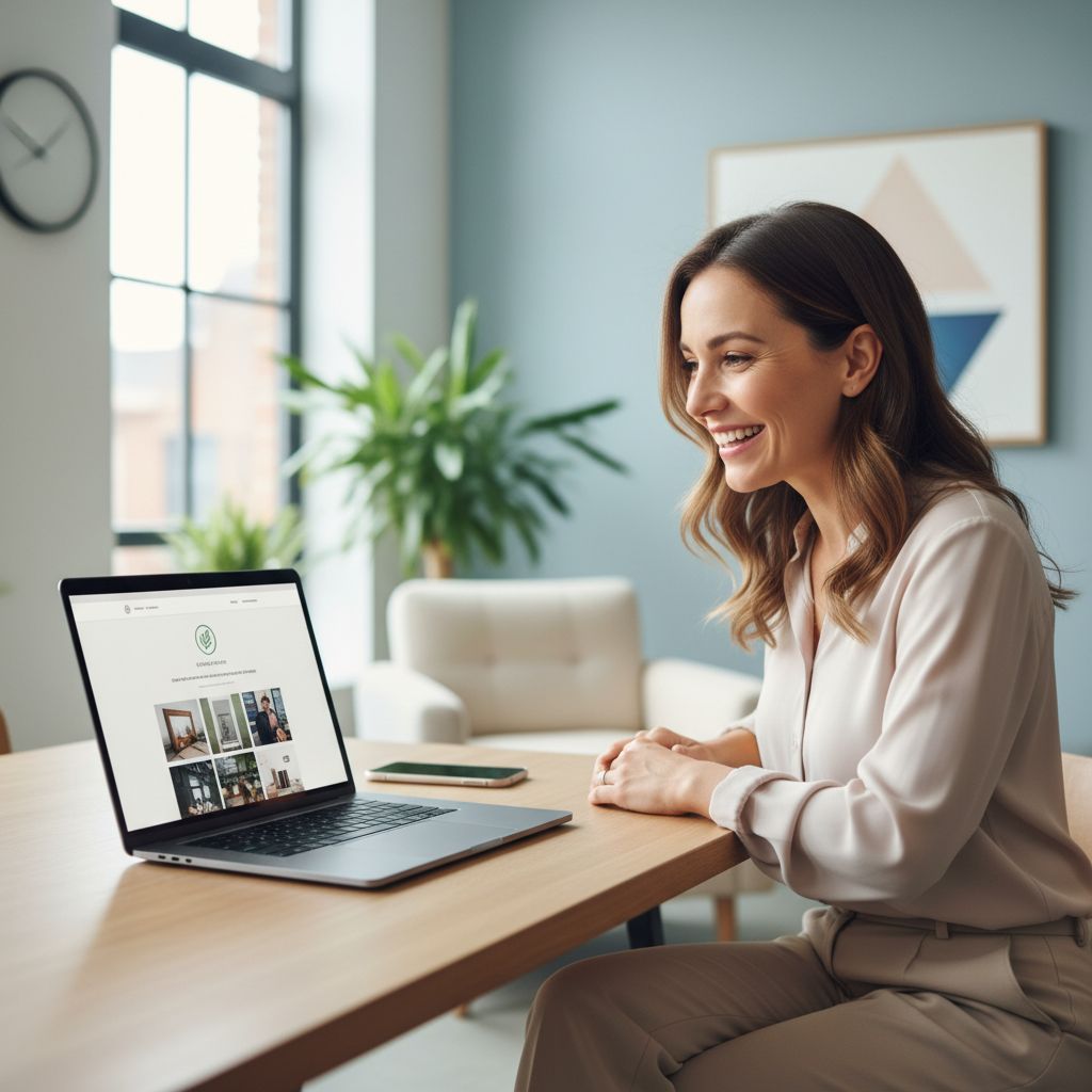 A small business owner smiling with relief while looking at a clean, professional website on their laptop screen in a modern office.