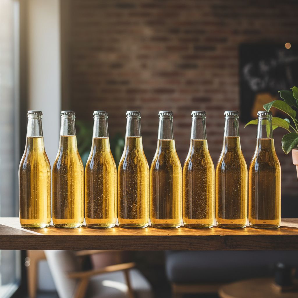 Des bouteilles de Grano Maté artisanal pétillant, bien alignées sur une étagère en bois dans un café sympa, avec une belle lumière naturelle. Des bouteilles de Grano Maté artisanal pétillant, bien alignées sur une étagère en bois dans un café sympa, avec une belle lumière naturelle.