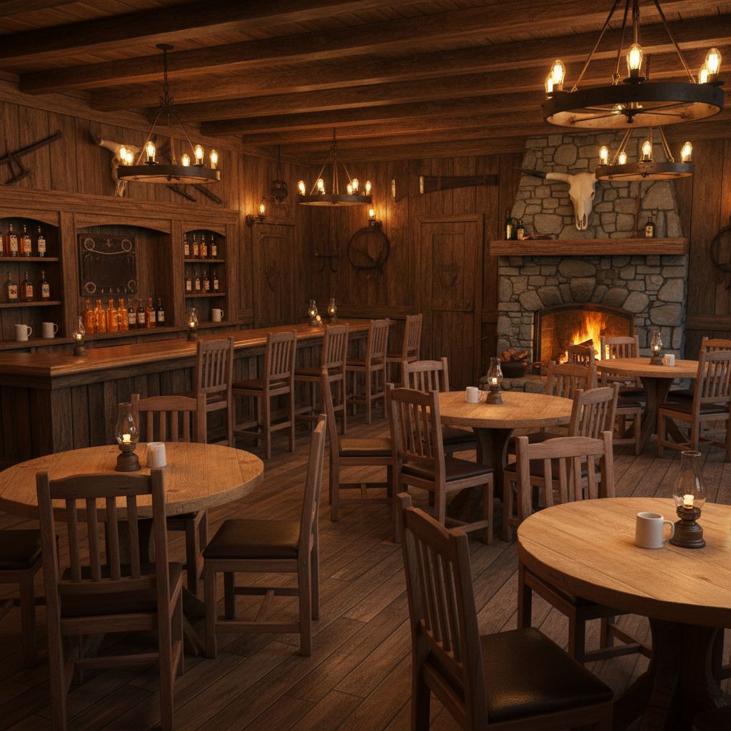 Intérieur chaleureux et rustique du Bonanza Pub avec des éléments de décoration en bois, des tables et des chaises de style Far West, et un éclairage tamisé créant une ambiance accueillante.