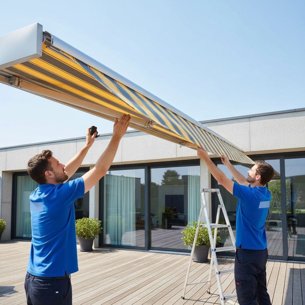 Deux techniciens professionnels en uniforme installant avec soin une nouvelle toile sur un grand store banne sur la terrasse d'une maison moderne.