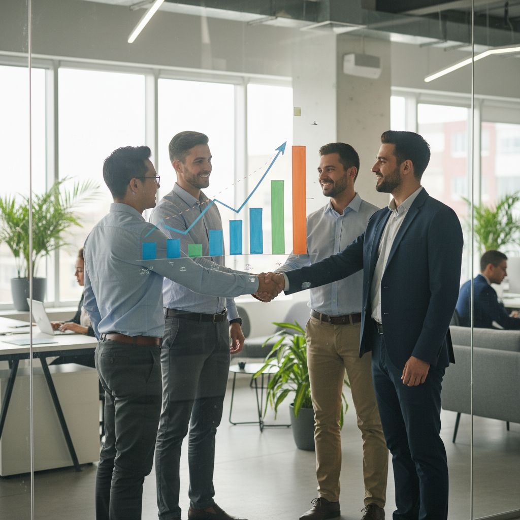 Deux équipes, sales et marketing, travaillant ensemble dans un bureau moderne, se serrant la main au-dessus d'un tableau blanc avec des graphiques de croissance. L'atmosphère est collaborative et optimiste.