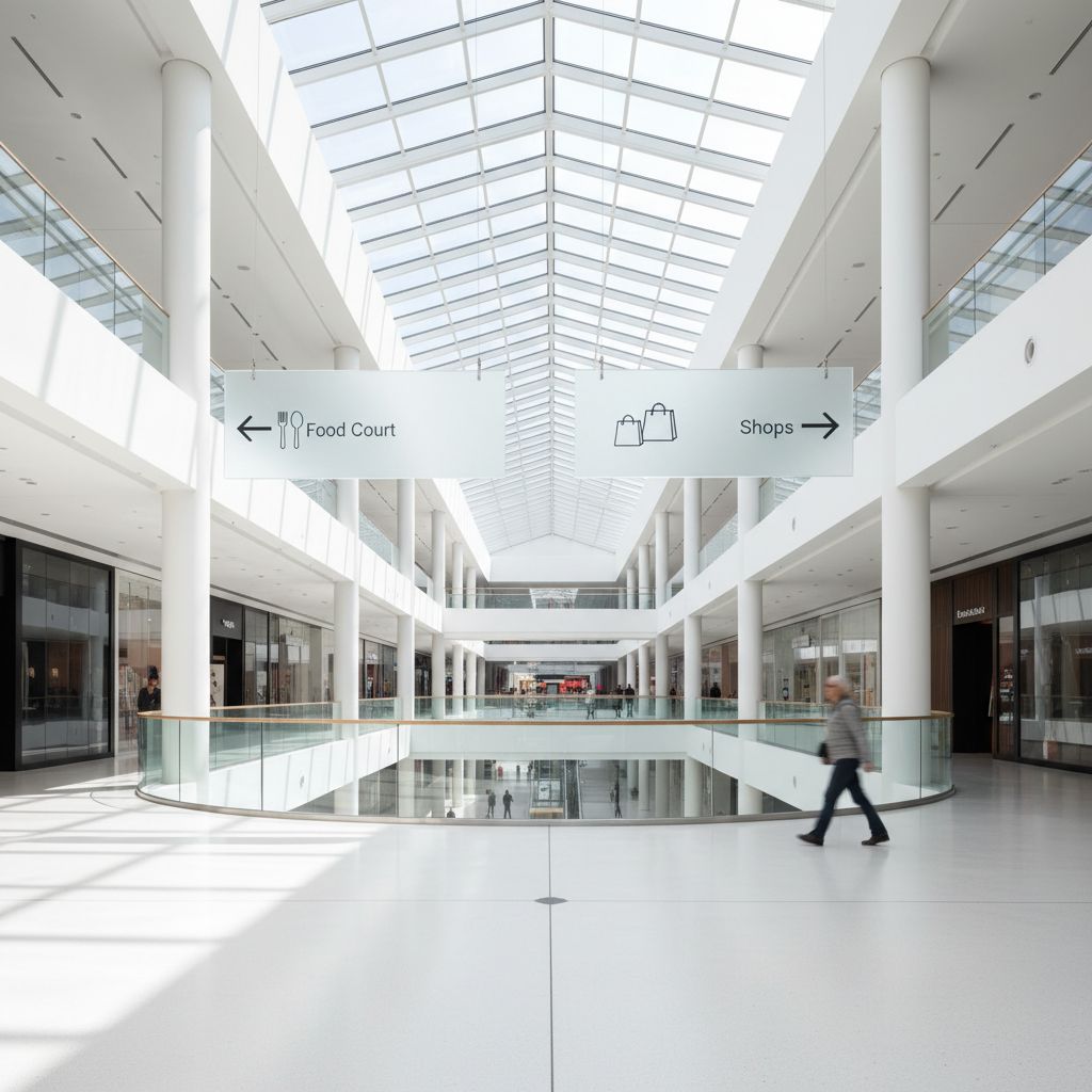 Un intérieur de centre commercial lumineux et moderne, avec une signalétique suspendue claire et minimaliste guidant vers des sections comme 'Food Court' et 'Shops'.