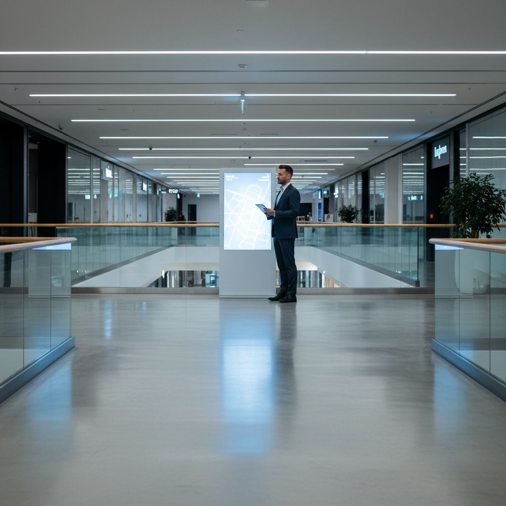 Une personne se tenant devant un plan de répertoire numérique dans un centre commercial. L'écran est bien éclairé et placé stratégiquement à une intersection de couloirs.