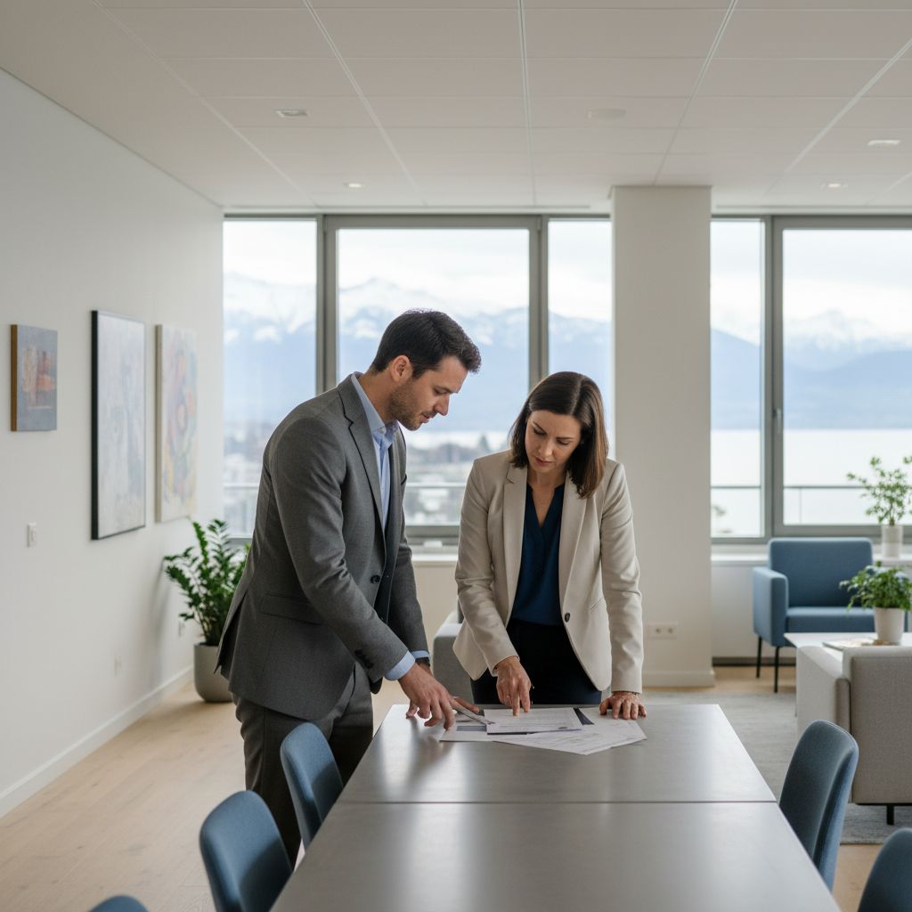 Deux professionnels discutant de documents dans un bureau moderne et lumineux à Genève, symbolisant le partenariat stratégique entre une PME et sa fiduciaire.