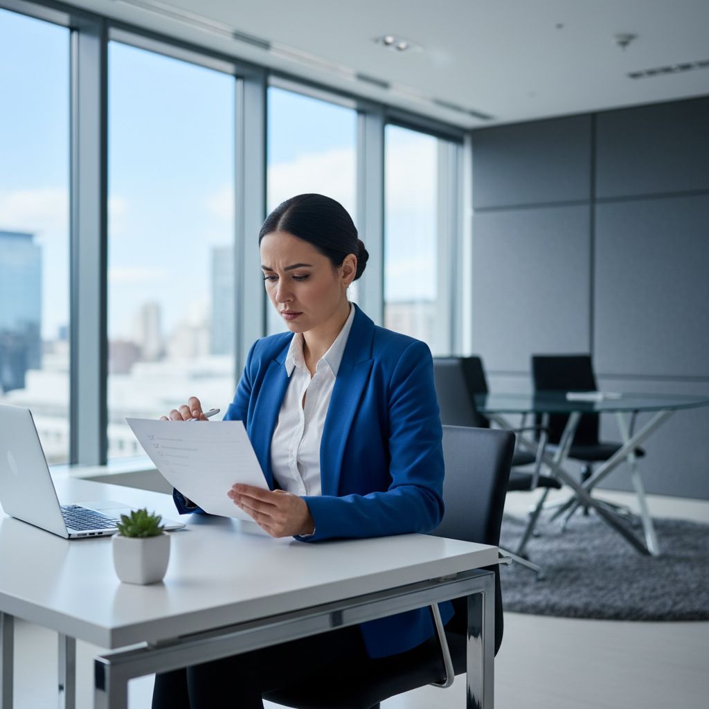 Une personne concentrée, assise à un bureau, examine une liste de contrôle sur un document, symbolisant la recherche méthodique d'une fiduciaire.