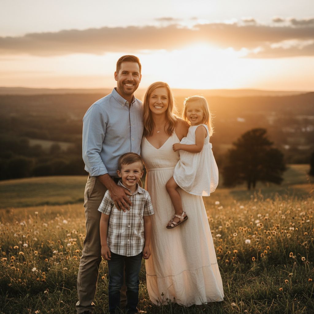Une famille souriante composée d'un père, d'une mère et de deux enfants, capturée en plein air lors d'une séance photo professionnelle au coucher du soleil.