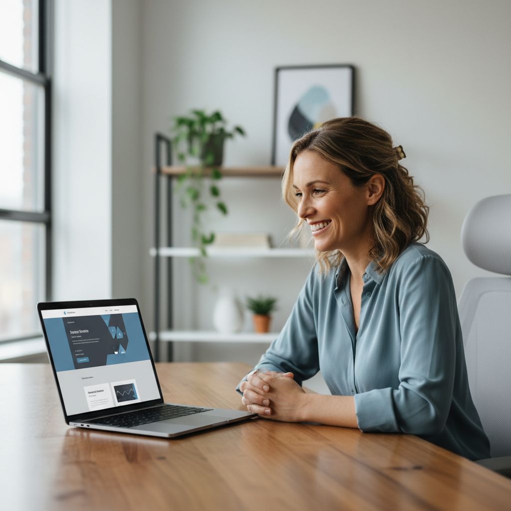 A small business owner looking relieved and happy while viewing a stunning, professionally designed website on their laptop in a modern office.