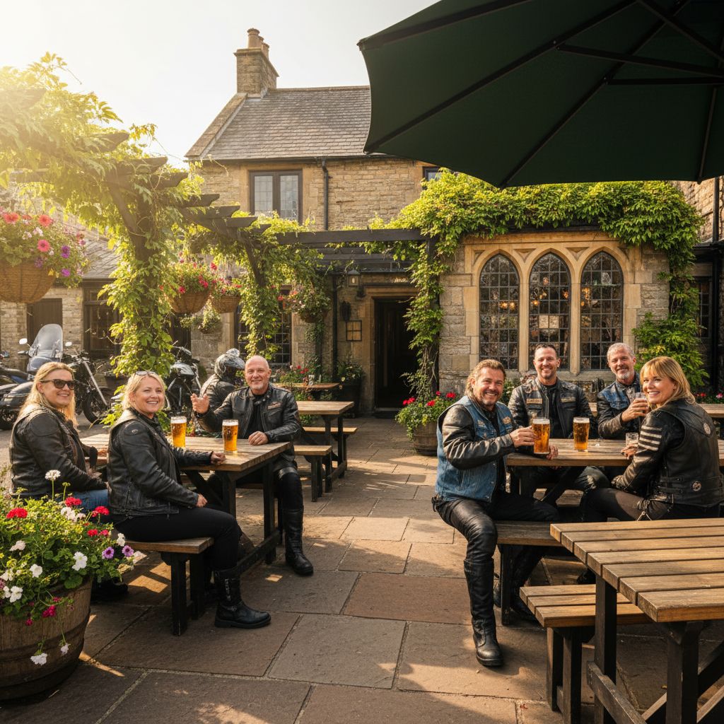 A sunny, welcoming outdoor terrace of a pub, with wooden tables and bikers chatting and laughing. The friendly outdoor space of the Bonanza Pub.
